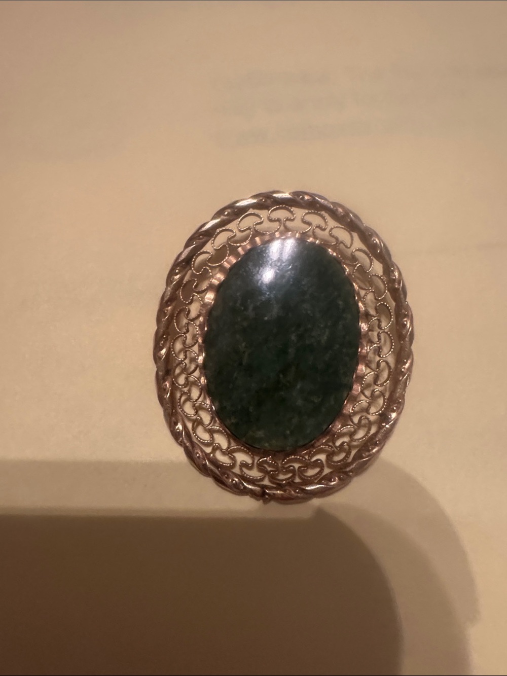 Cara Cara Gold-Tone Filigree Brooch with Deep Green Oval Stone